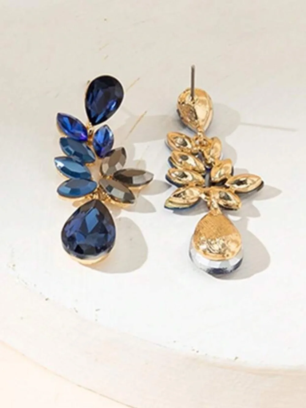 Elegant Navy Blue Teardrop Crystal Leaf Earrings